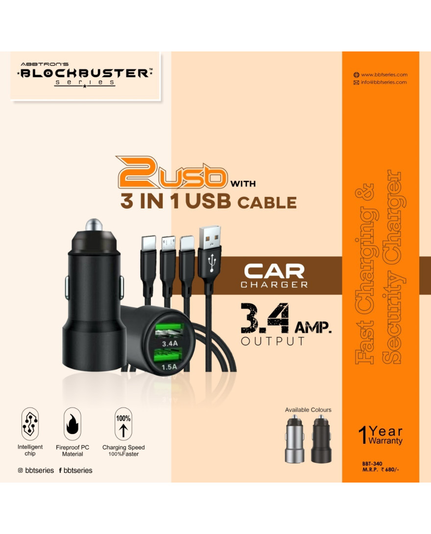 Blockbuster BBT 340 car charger with 3 in 1 Multi USB Charging Data Cable for Car, Office, Traveling and Home
